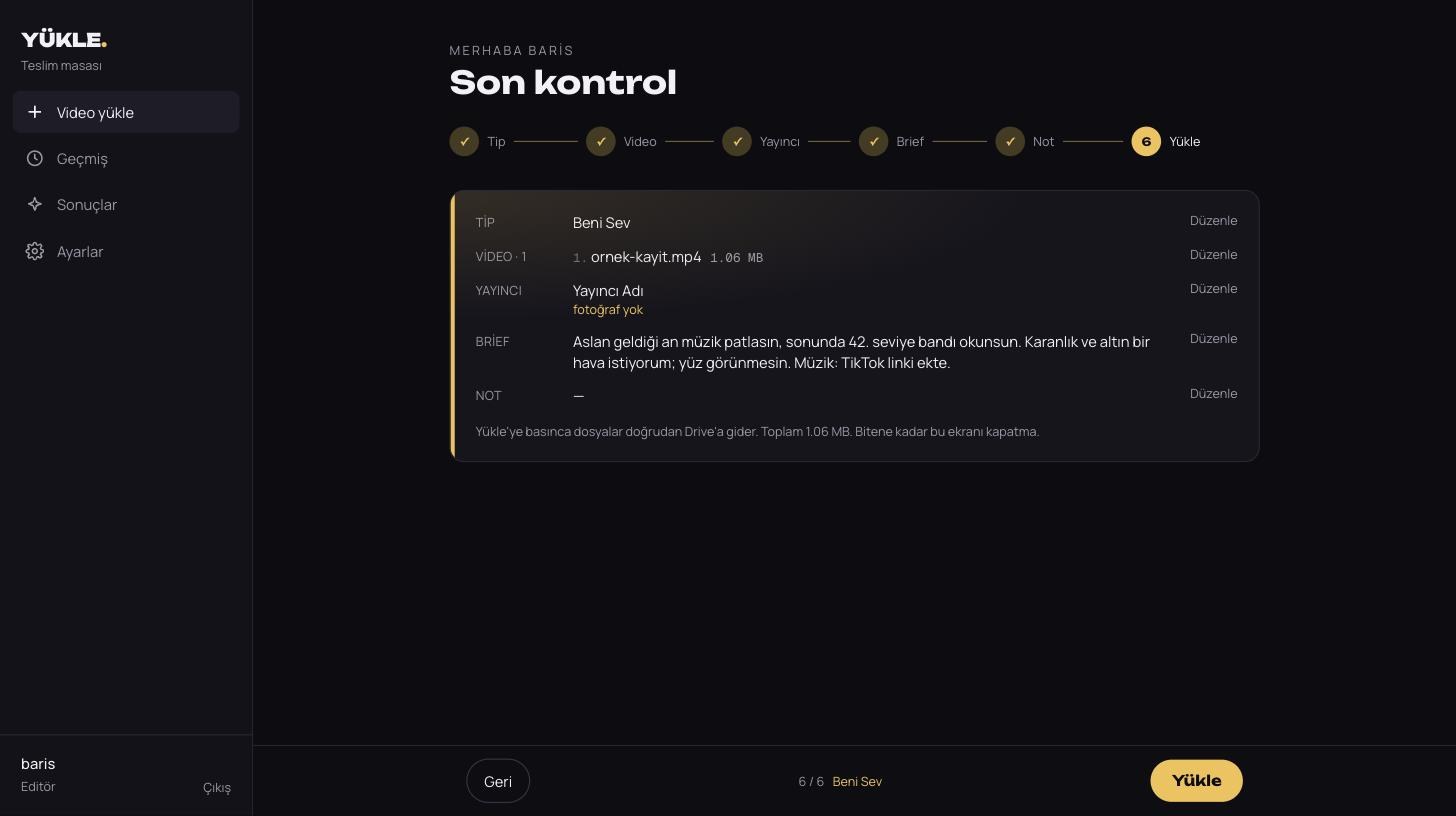 LiveUp Edit teslim paneli, son kontrol ve yükle adımı
